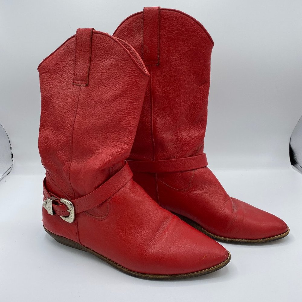 80s 9 West Red Leather Pull On Western Boots